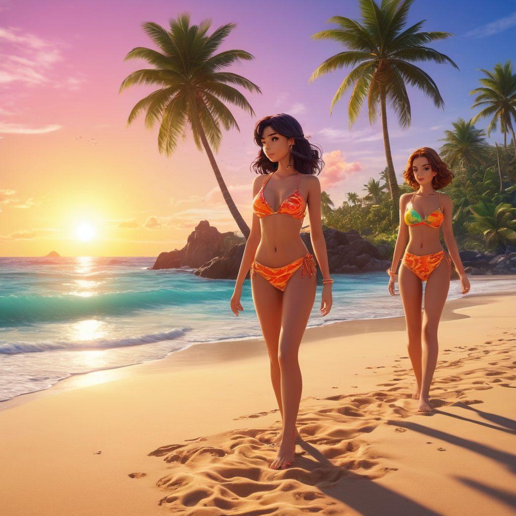 A vibrant beach scene featuring anime-styled characters in colorful beachwear, engaging in interactive storytelling activities like a game on the shore. The backdrop should have azure waves, palm trees, and a bright sunset creating a nostalgic atmosphere. Include elements like retro game graphics subtly blended into the sand. super-realistic. vibrant colors. cinematic style.