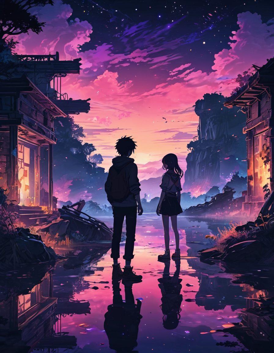 A moody, ethereal gaming landscape filled with melancholic anime characters, each reflecting on their past, surrounded by splashes of vibrant colors symbolizing their emotions. Include a twilight sky filled with stars, and remnants of ancient ruins in the background, inviting nostalgia and introspection. The characters should have expressive faces and dynamic poses, conveying deep stories. backlit with soft neon lights. anime art style. vibrant colors.